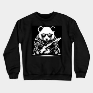 A panda bear wearing an old leather jacket and playing the guitar. Crewneck Sweatshirt